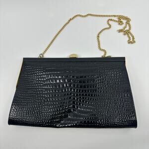 Vintage 50s Black Croc Embossed Leather Clutch Purse w/ Chain Gold Trim
